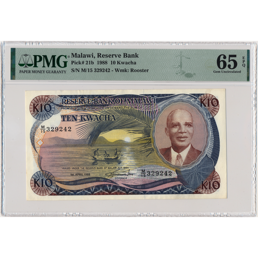 MALAWI P.21b 1988 10 Kwacha Gem UNC 65 EPQ