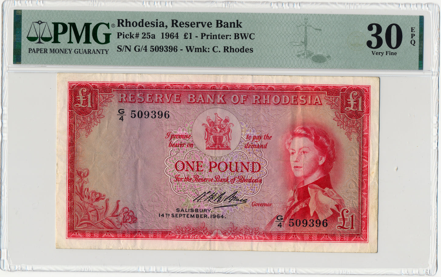 RHODESIA P.25a 1964 £1 VF 30 EPQ