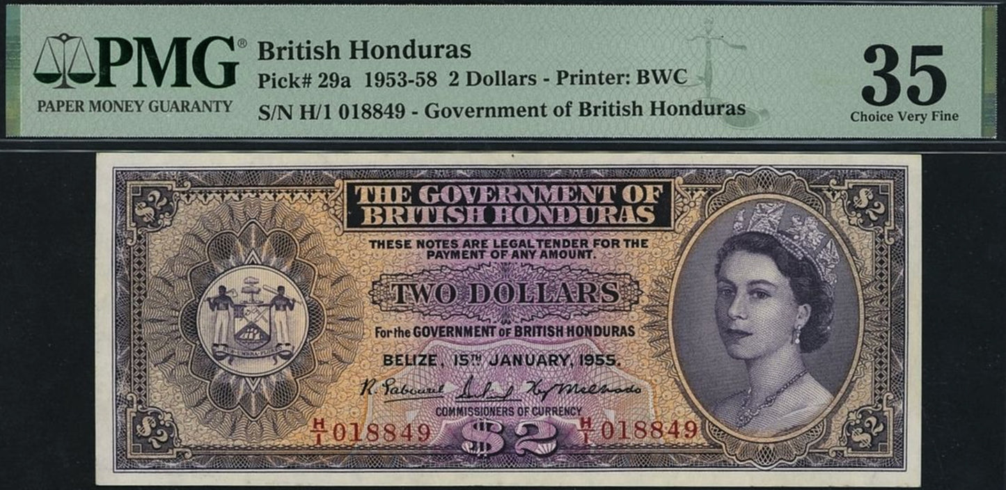 BRITISH HONDURAS P.29a 1953-1958 2 Dollars Choice VF 35