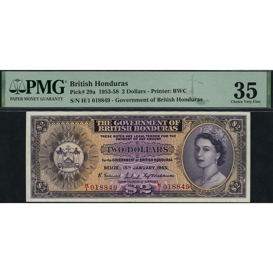 BRITISH HONDURAS P.29a 1953-1958 2 Dollars Choice VF 35