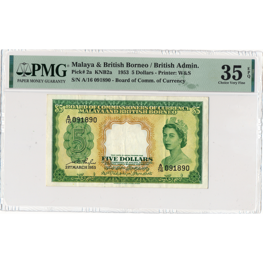 MALAYA and BRITISH BORNEO P.2a 1953 $5 Choice VF 35 EPQ