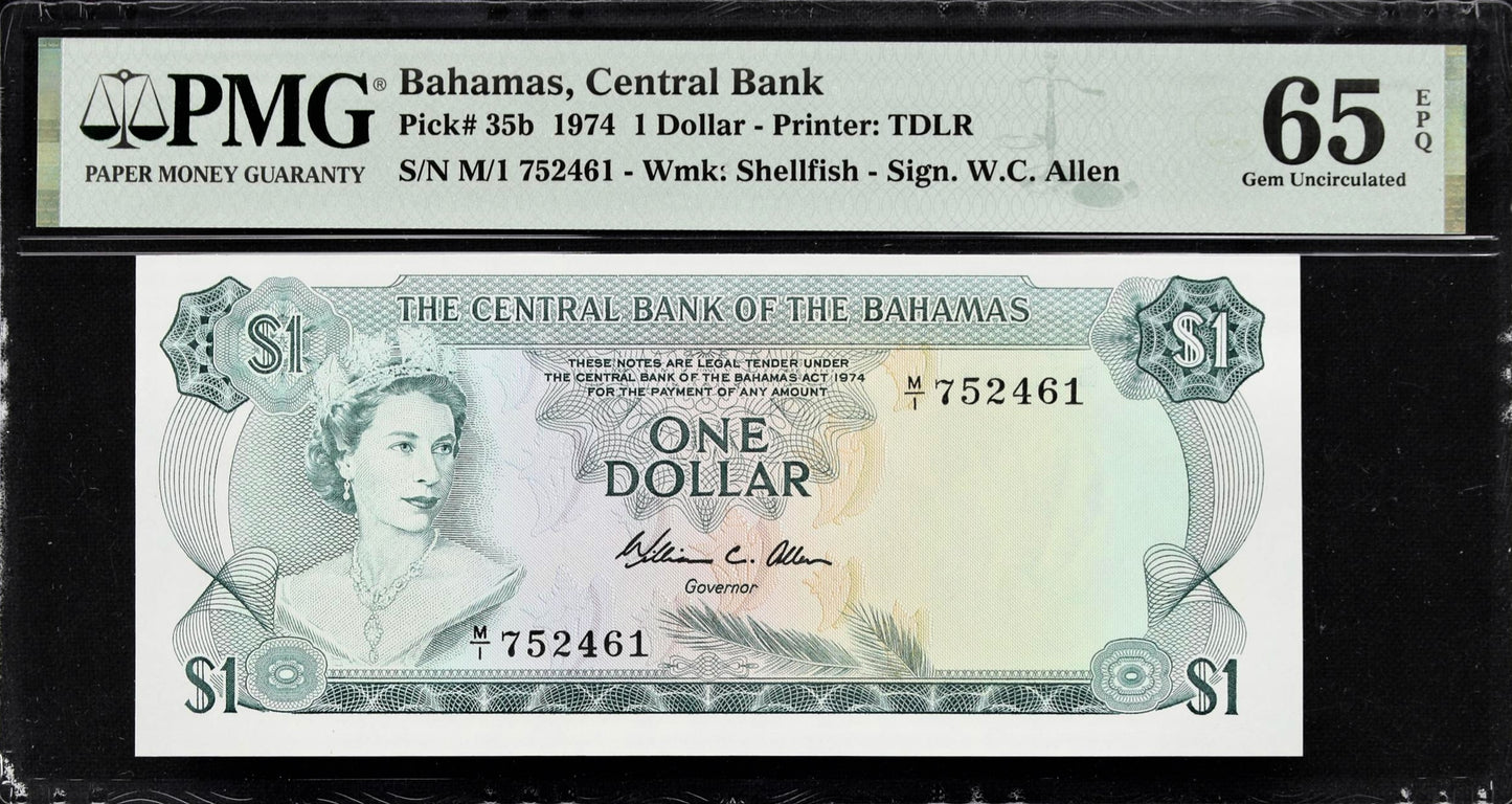 BAHAMAS P.35b 1974 $1 GEM UNC 65 EPQ