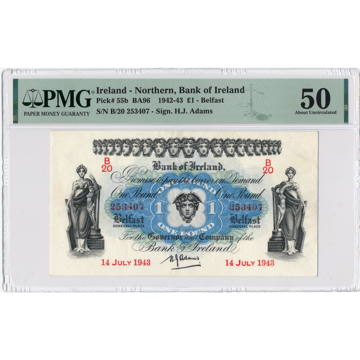 NORTHERN IRELAND P.55b NI202b 1943 Bank of Ireland £1 AUNC 50