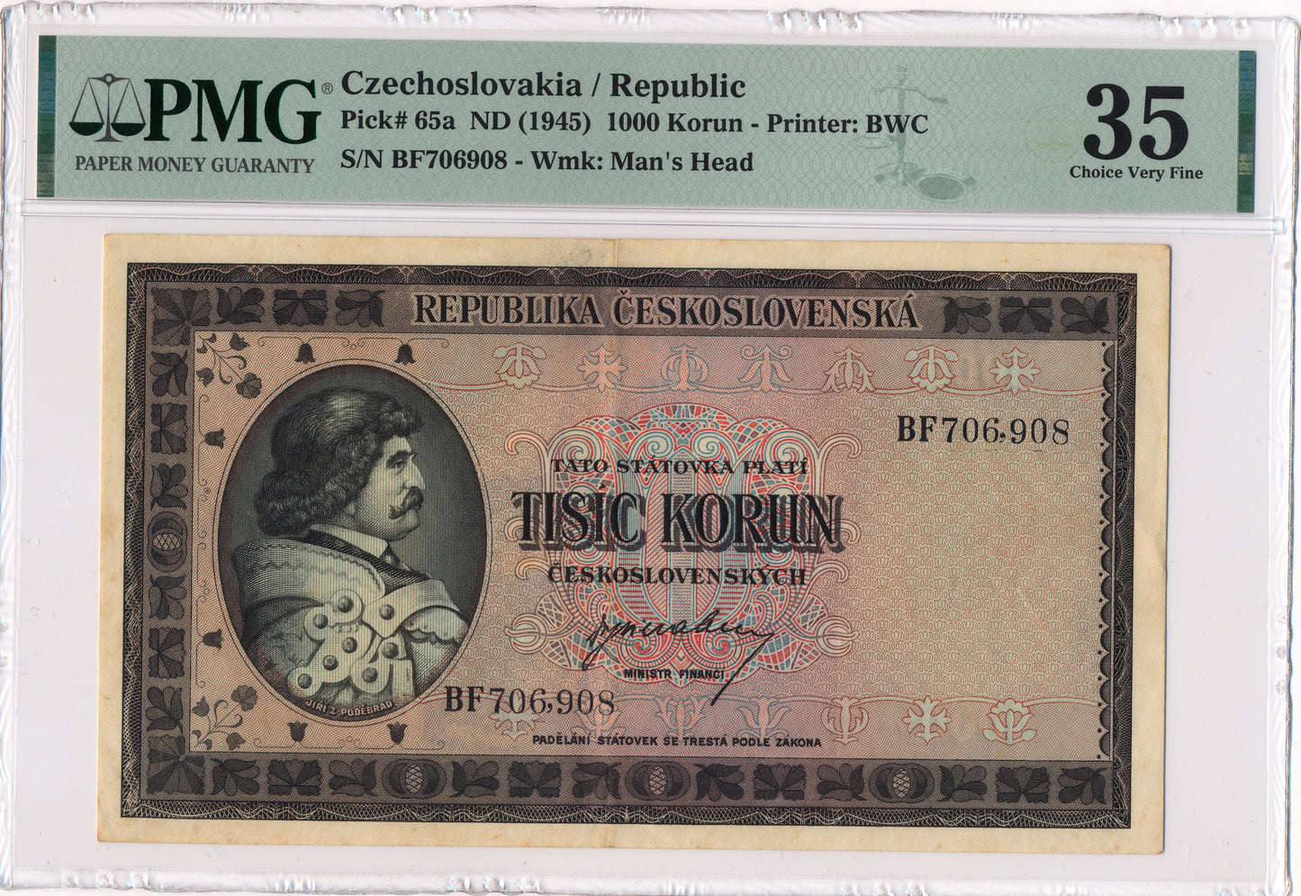 CZECHOSLOVAKIA P.65 1945 1000 Koruna Choice VF