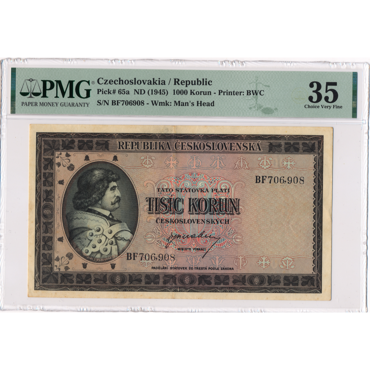 CZECHOSLOVAKIA P.65 1945 1000 Koruna Choice VF