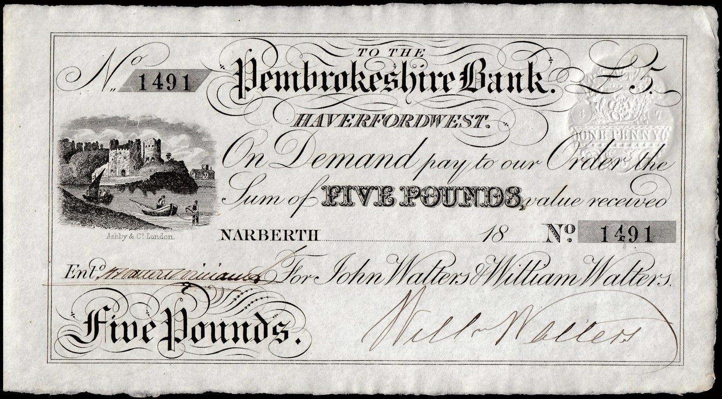 Pembrokeshire Bank Narberth 1865-1872 £5 banknote Outing 1479b