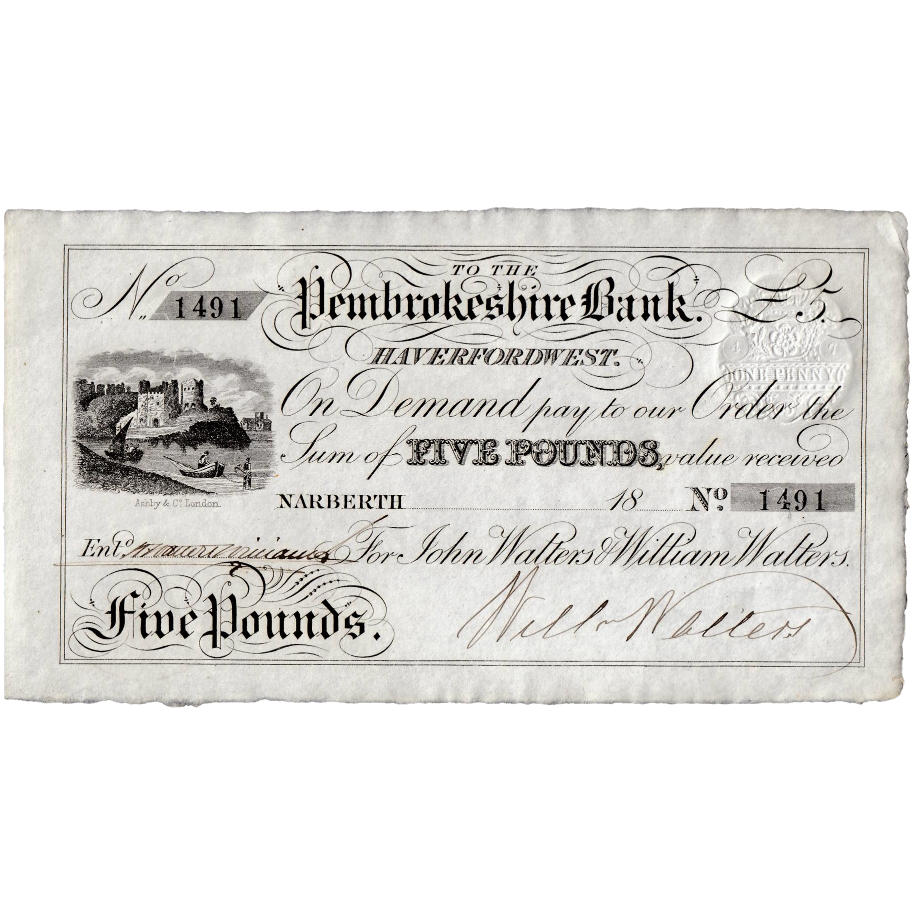 Pembrokeshire Bank Narberth 1865-1872 £5 banknote Outing 1479b