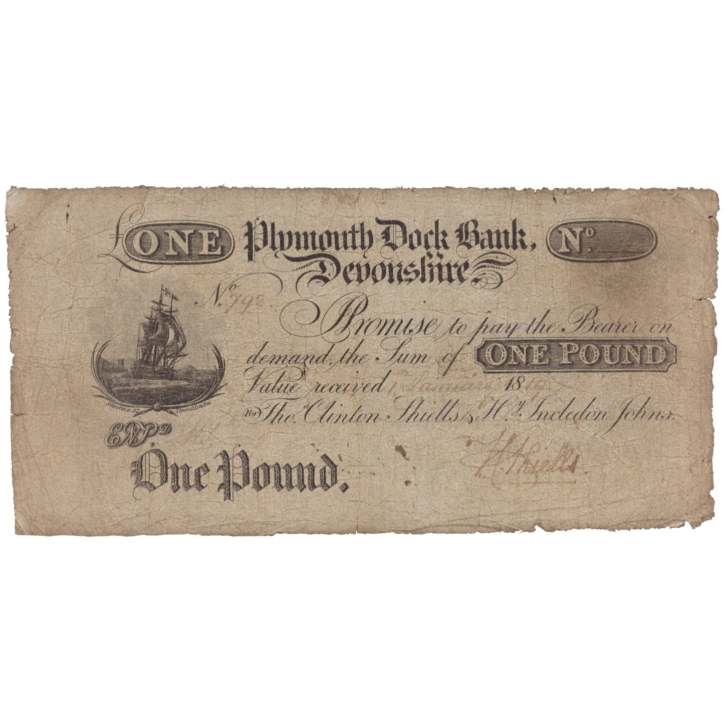 Plymouth Dock Bank 1819 £1 banknote Outing 683d