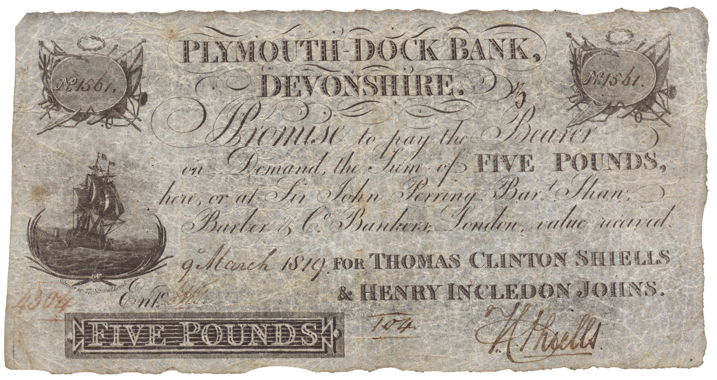 Plymouth Dock Bank 1819 £5 banknote Outing 683e