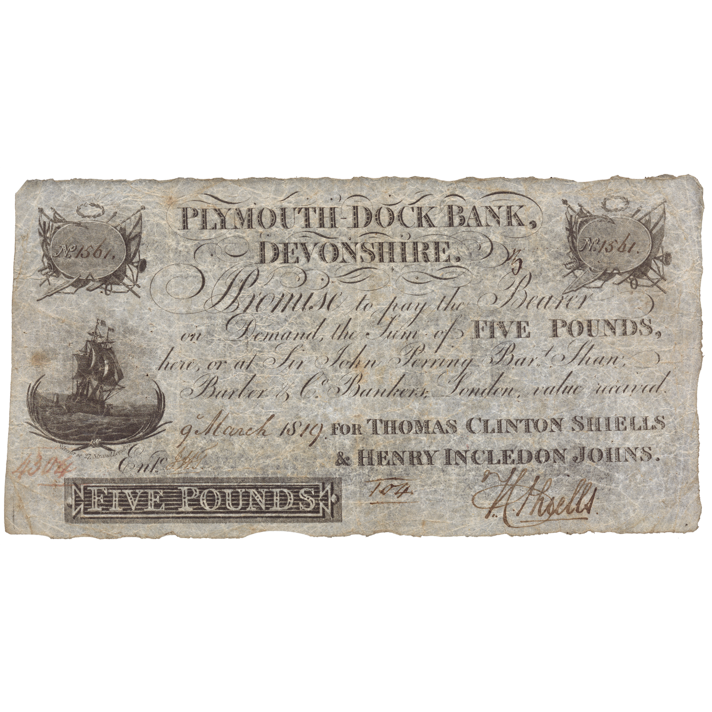 Plymouth Dock Bank 1819 £5 banknote Outing 683e