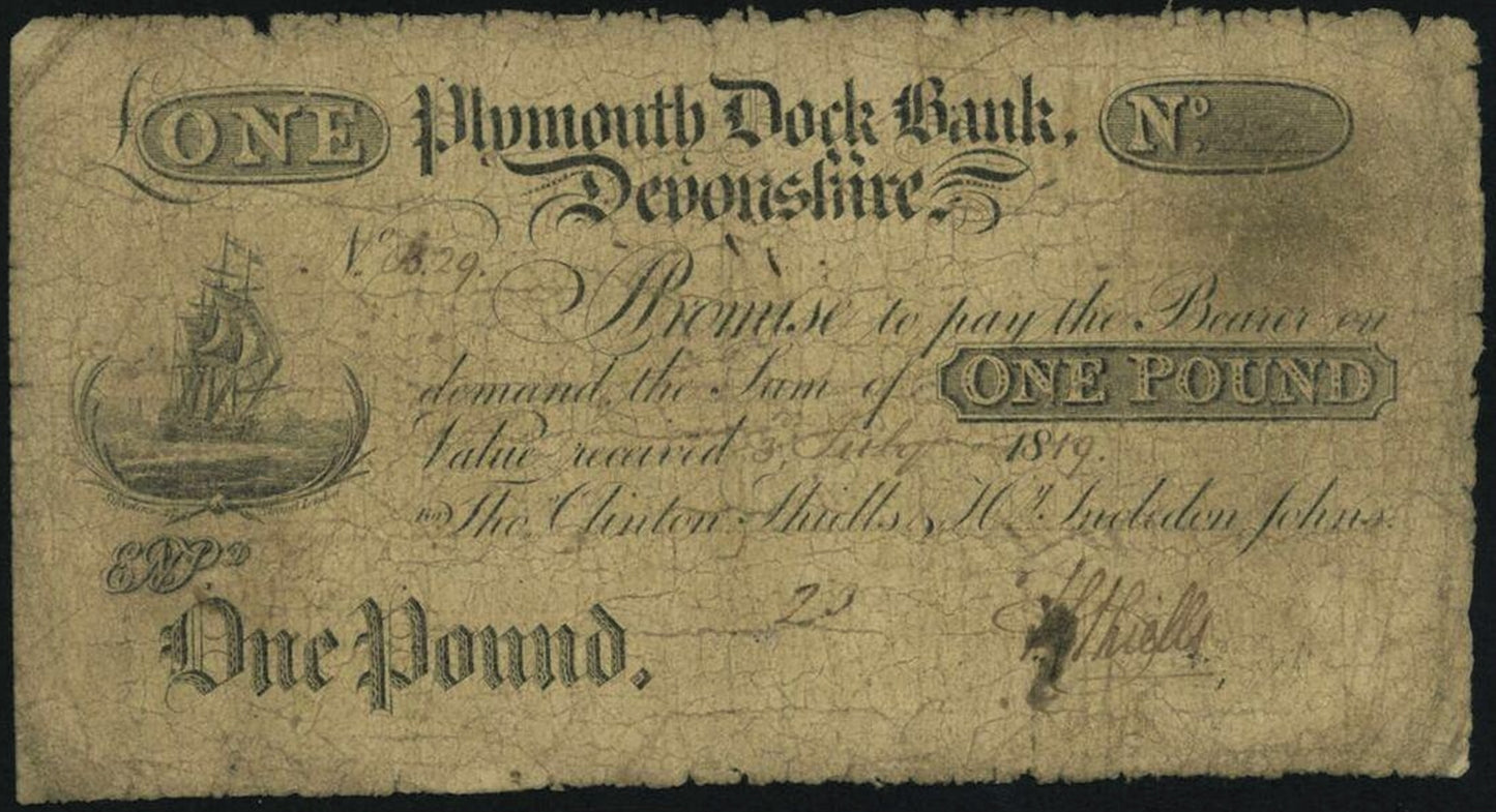 Plymouth Dock Bank 1819 £1 banknote Outing 683d