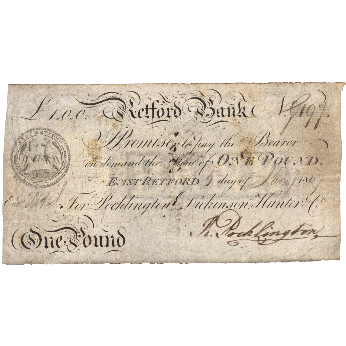 Retford Bank 1807 £1 banknote Outing 1778a