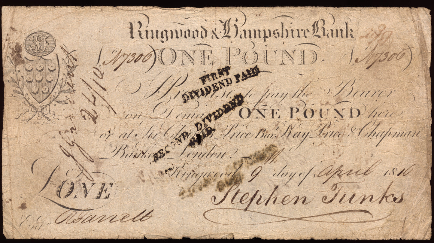 Ringwood & Hampshire Bank 1816 £1 banknote Outing 1788a