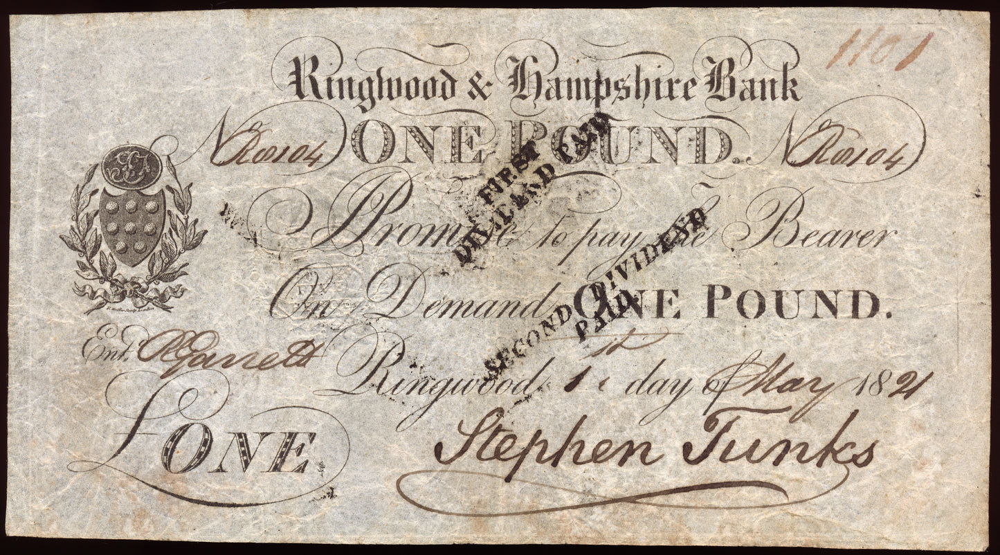 Ringwood & Hampshire Bank 1821 £1 banknote Outing 1788b