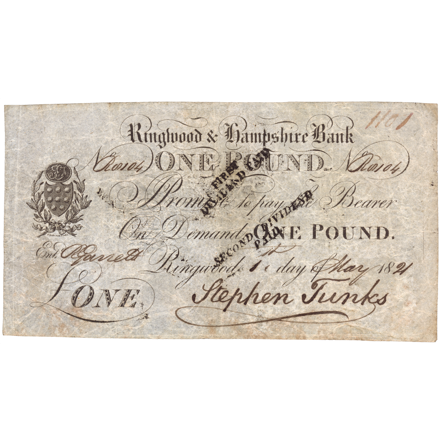 Ringwood & Hampshire Bank 1821 £1 banknote Outing 1788b