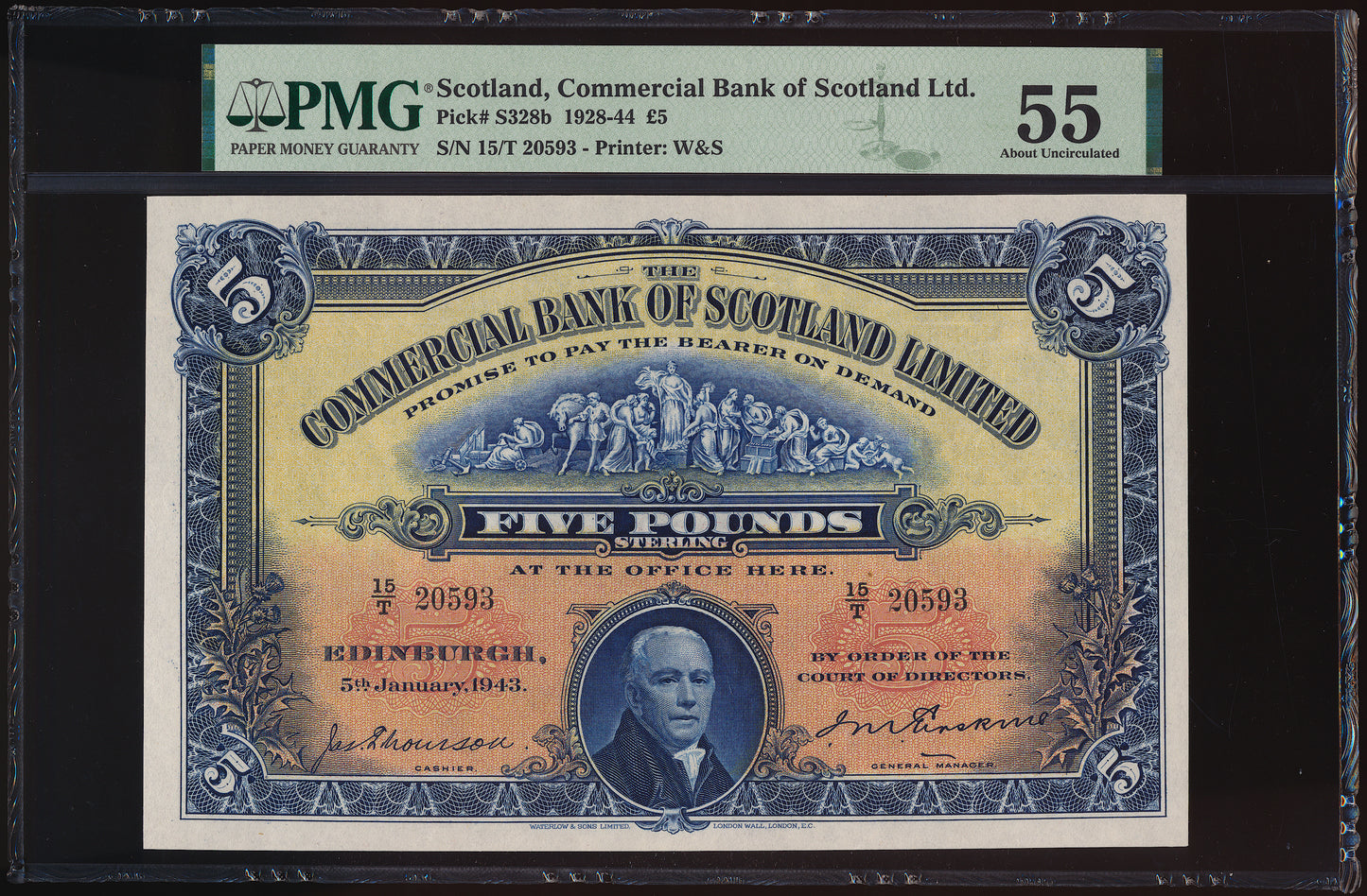 SCOTLAND P.S328b SC413d 1943 Commercial Bank of Scotland £5 AUNC55