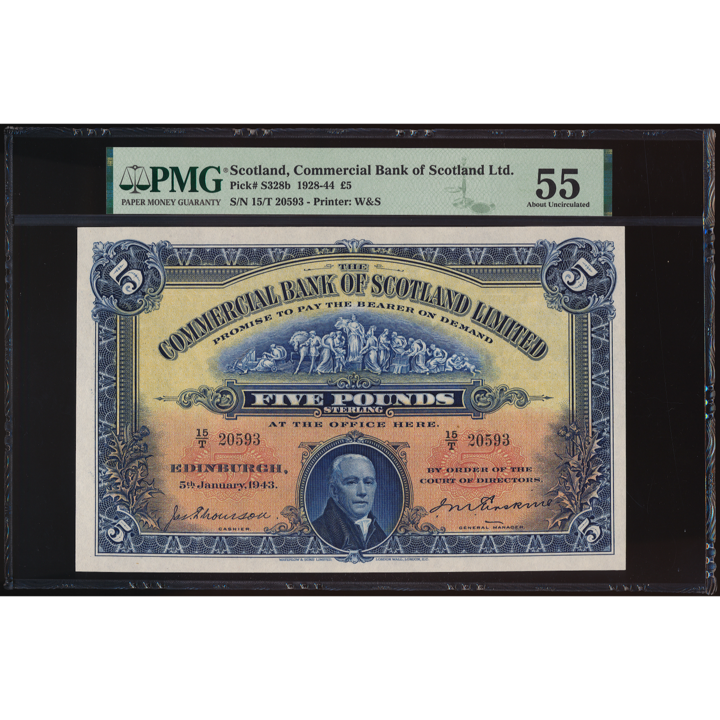 SCOTLAND P.S328b SC413d 1943 Commercial Bank of Scotland £5 AUNC55