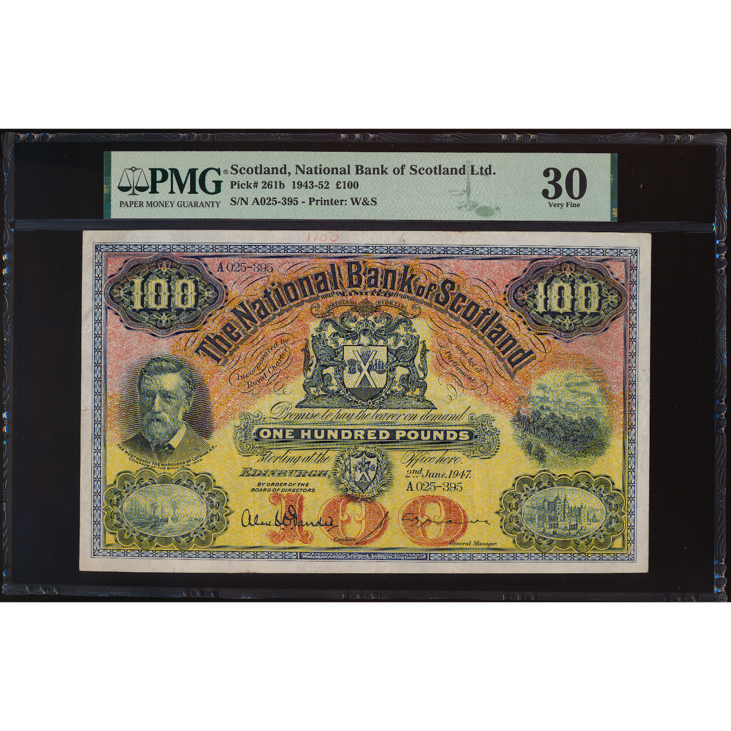SCOTLAND P.261b SC532b 1947 National Bank of Scotland £100 VF30