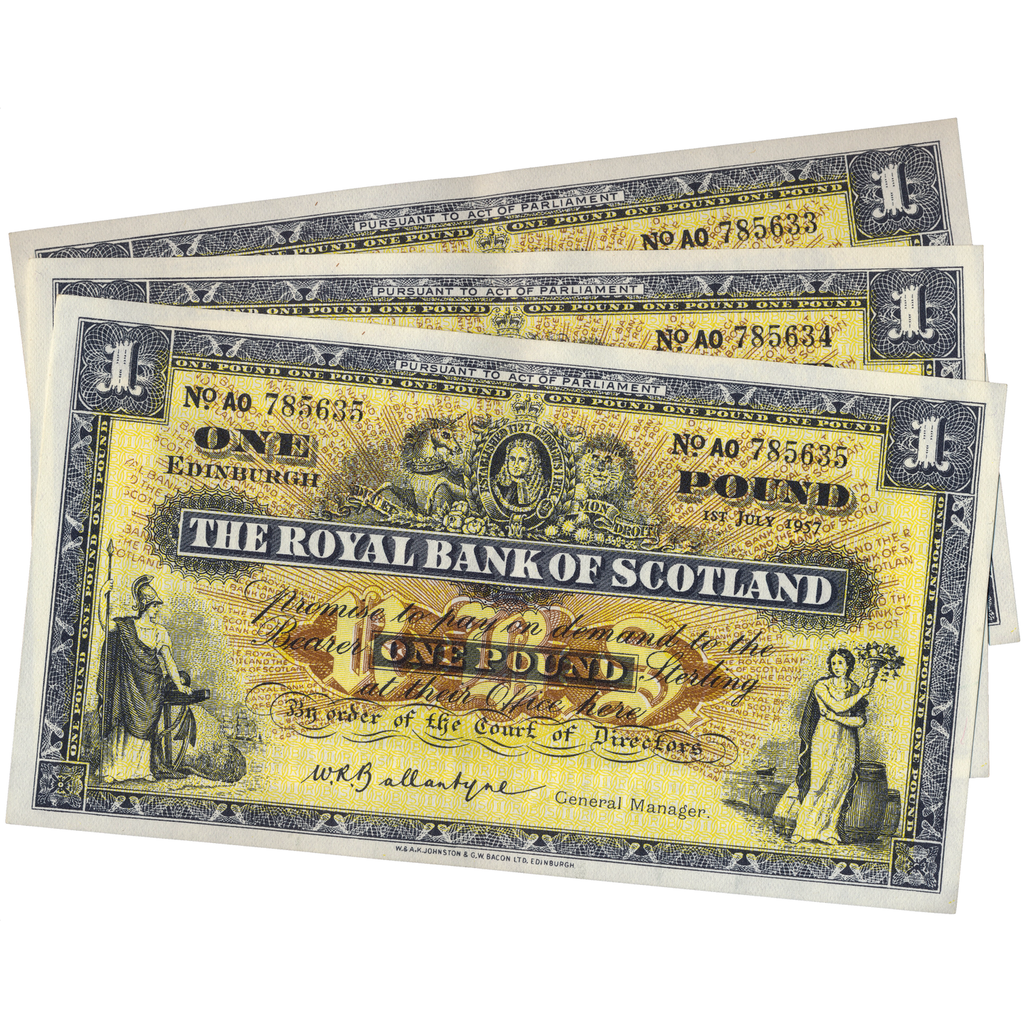 SCOTLAND P.324b SC803 1959 Royal Bank of Scotland £1 (3 consecutive) UNC