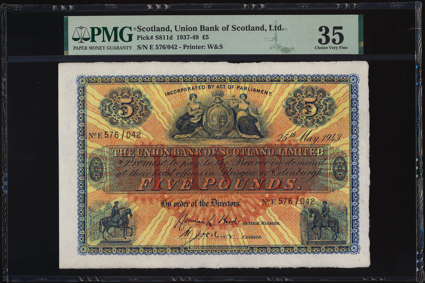 SCOTLAND P.S811d SC912e 1943 Union Bank of Scotland £5 Choice VF35