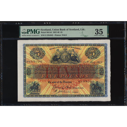 SCOTLAND P.S811d SC912e 1943 Union Bank of Scotland £5 Choice VF35