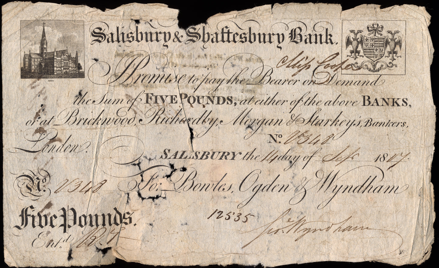 Salisbury & Shaftsbury Bank 1817 £5 banknote Outing 1922b