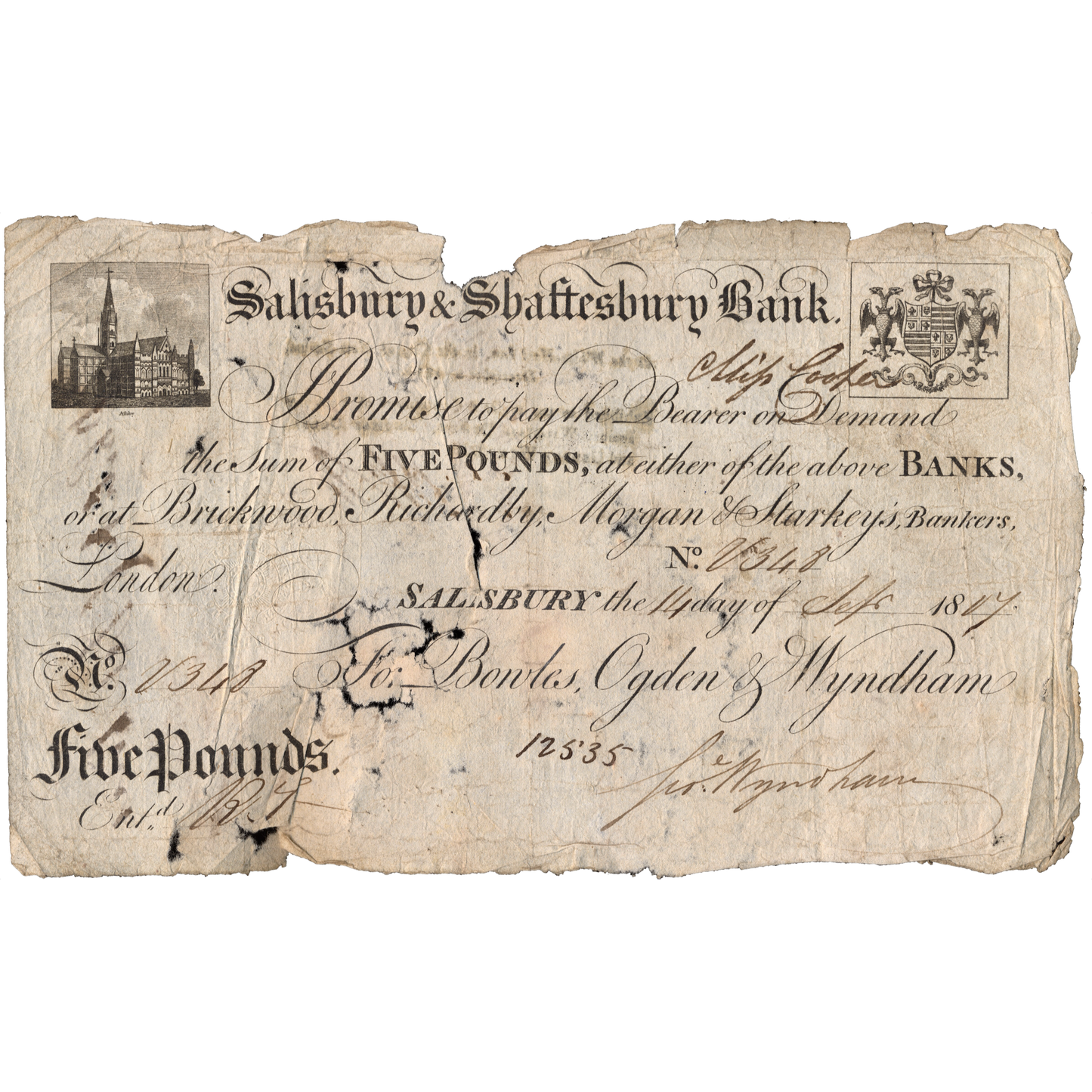 Salisbury & Shaftsbury Bank 1817 £5 banknote Outing 1922b