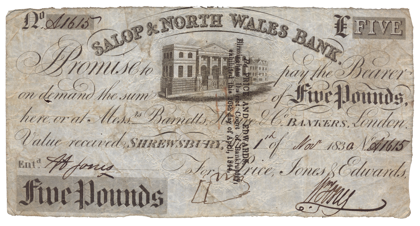 Salop & North Wales Bank Shrewsbury 1830 £5 banknote Outing 1962b