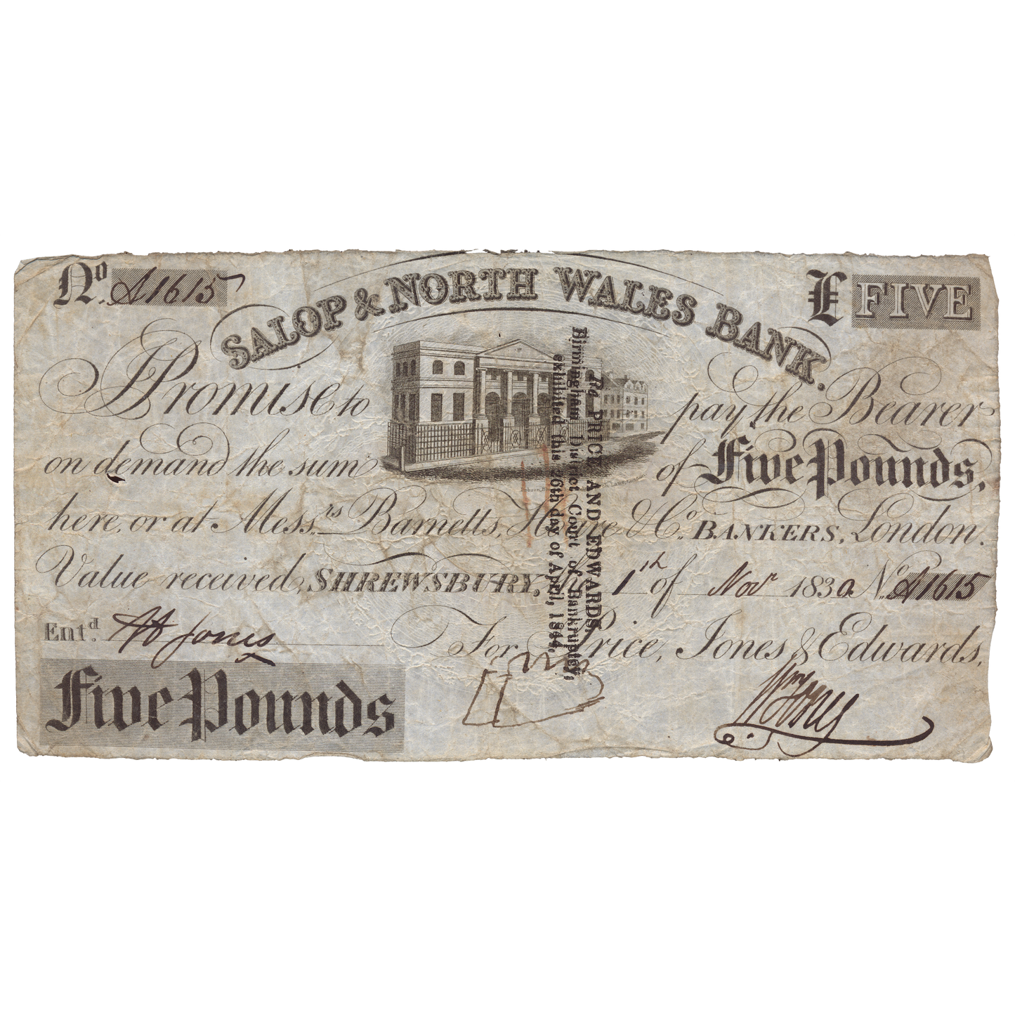 Salop & North Wales Bank Shrewsbury 1830 £5 banknote Outing 1962b
