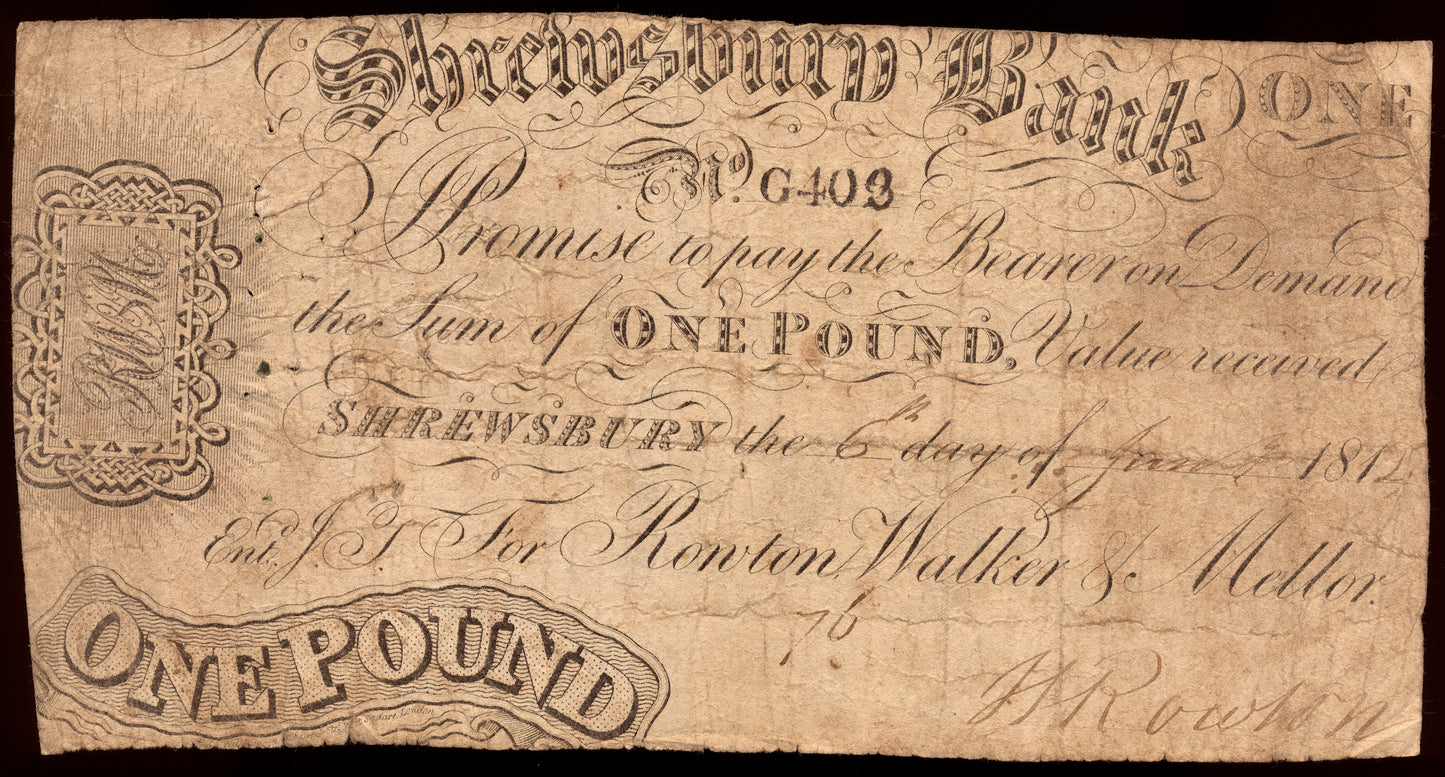 Shrewsbury Bank 1812 £1 banknote Outing 1960a