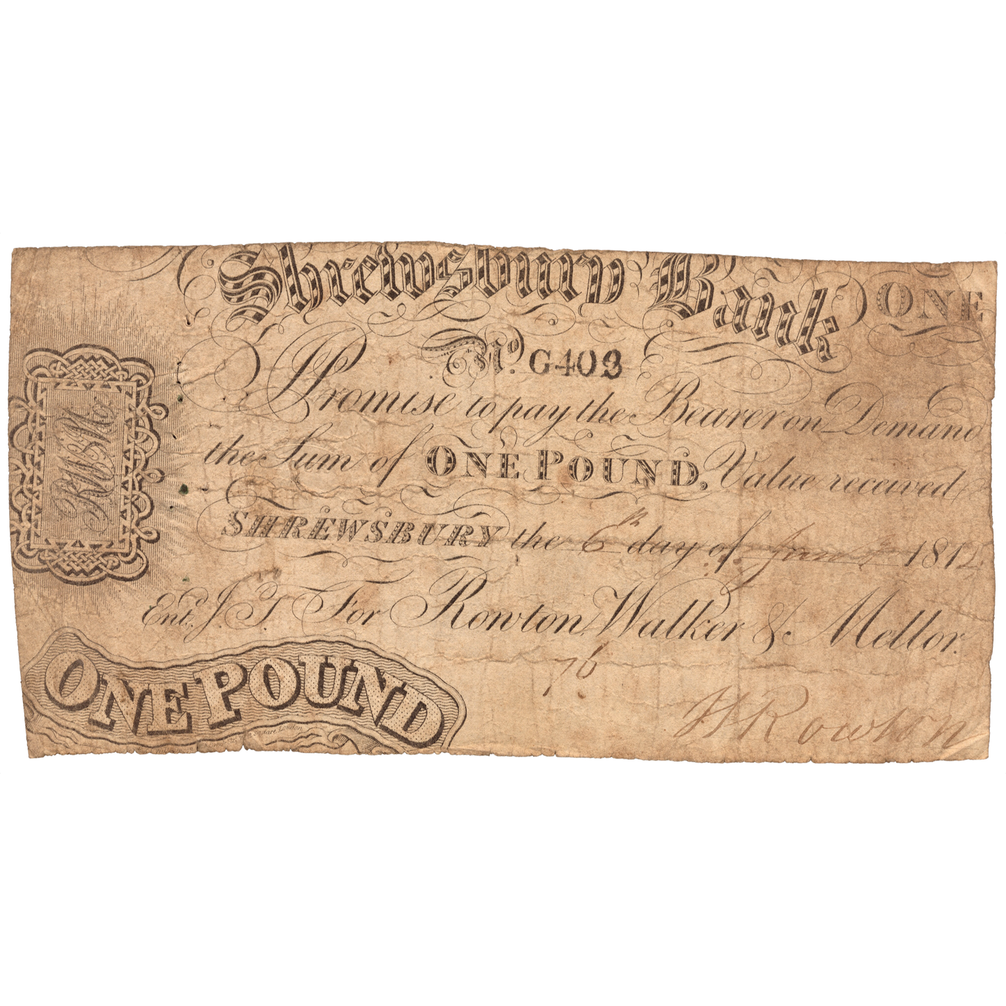 Shrewsbury Bank 1812 £1 banknote Outing 1960a