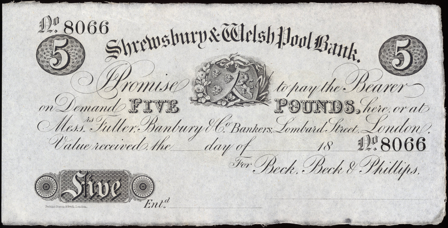 Shrewsbury and Welshpool Bank 18-- £5 unissued banknote Outing 1958l