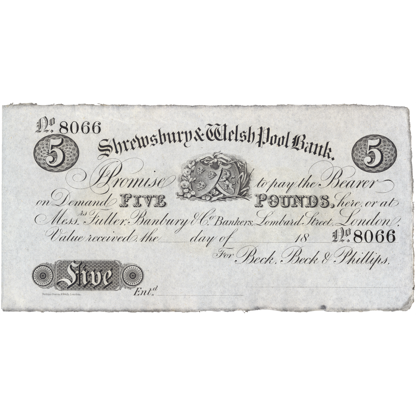 Shrewsbury and Welshpool Bank 18-- £5 unissued banknote Outing 1958l