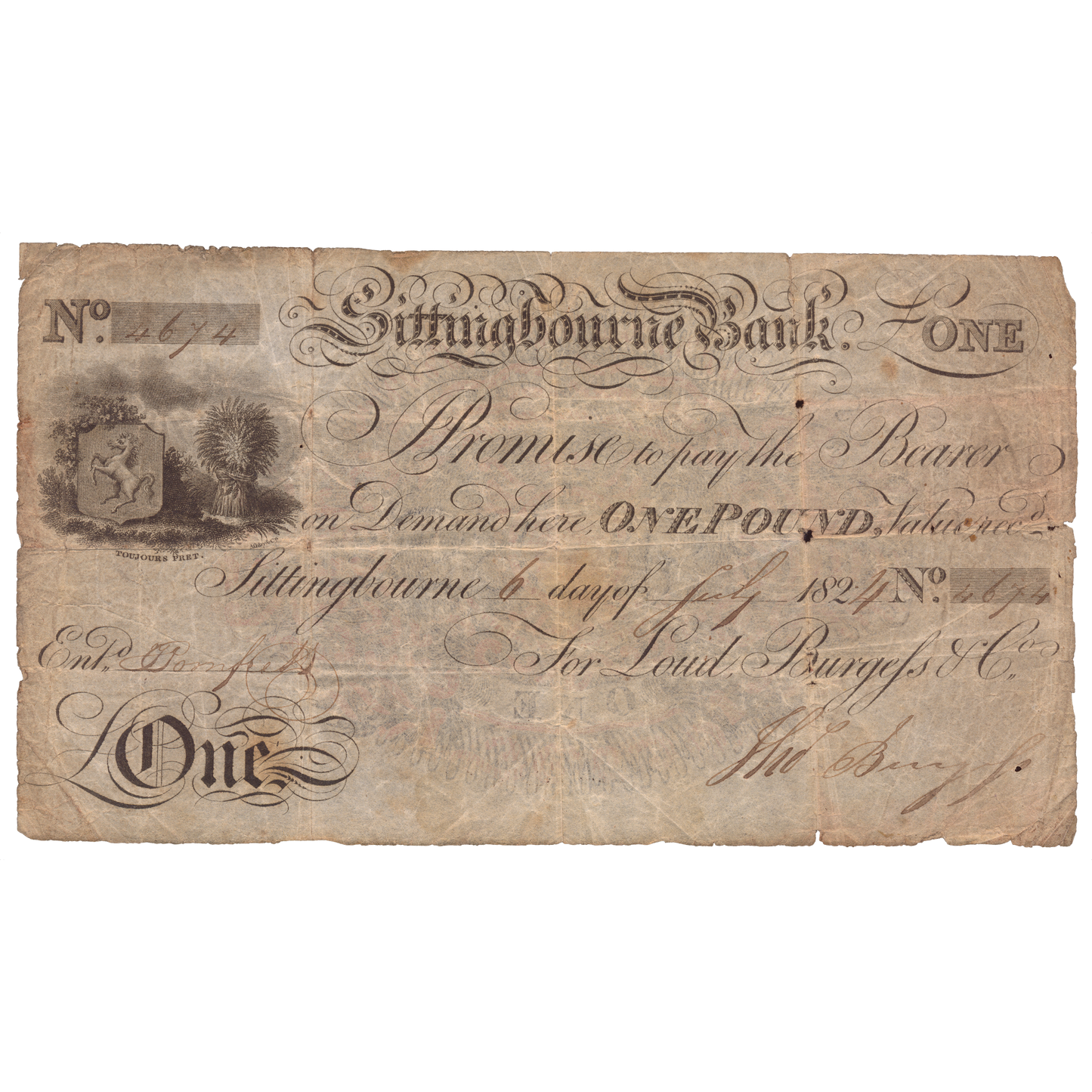 Sittingbourne Bank 1824 £1 banknote Outing 1969a