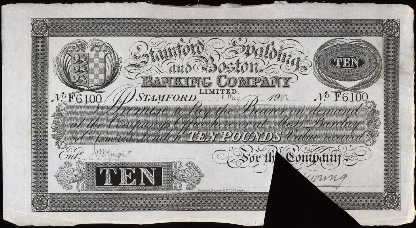 Stamford, Spalding & Boston Bank 1906 £10 banknote Outing 2036h
