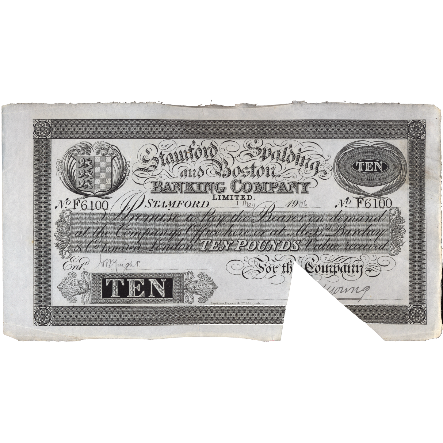 Stamford, Spalding & Boston Bank 1906 £10 banknote Outing 2036h