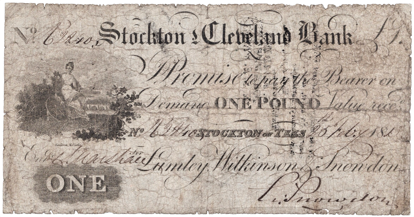 Stockton & Cleveland Bank 1813 £1 banknote Outing 2046b