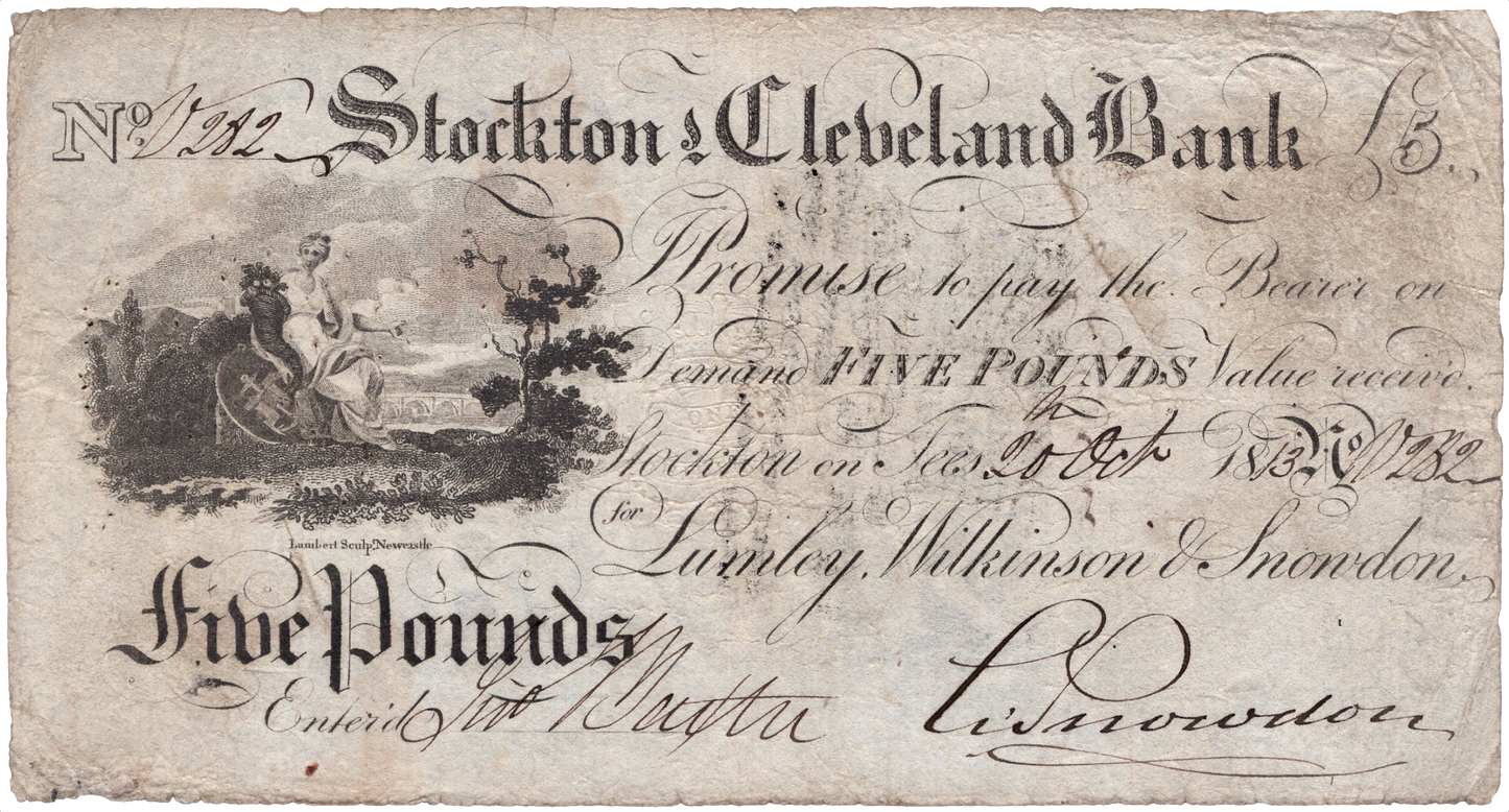 Stockton & Cleveland Bank 1813 £5 banknote Outing 2046c