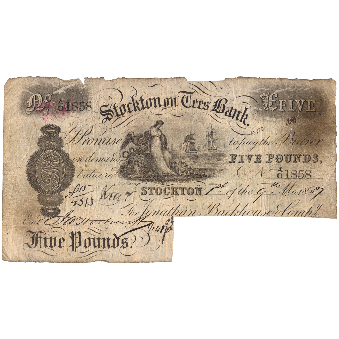 Stockton on Tees Bank 1895 £5 banknote Outing 2050c