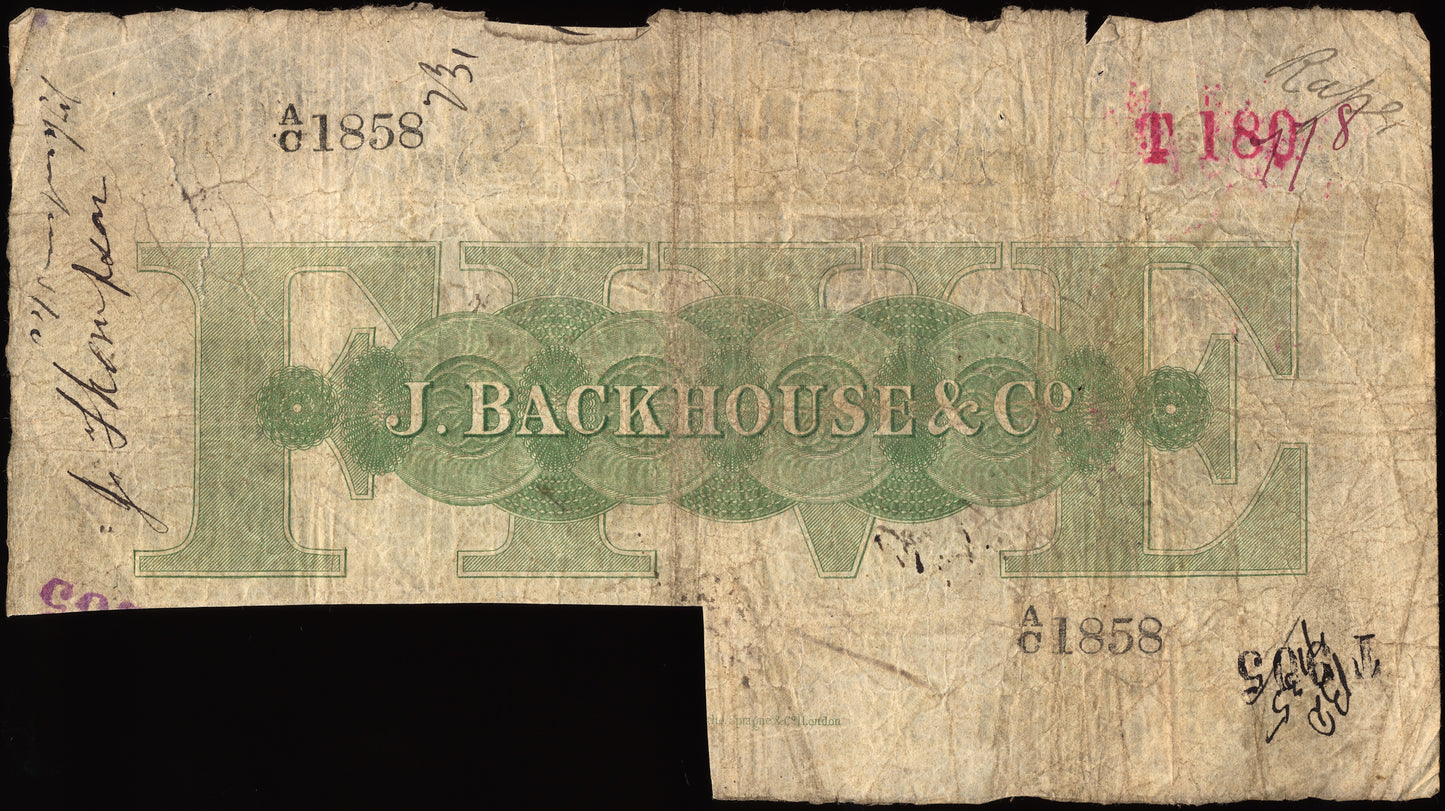 Stockton on Tees Bank 1895 £5 banknote Outing 2050c