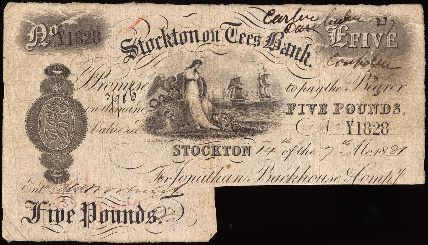 Stockton on Tees Bank 1889 £5 banknote Outing 2050c
