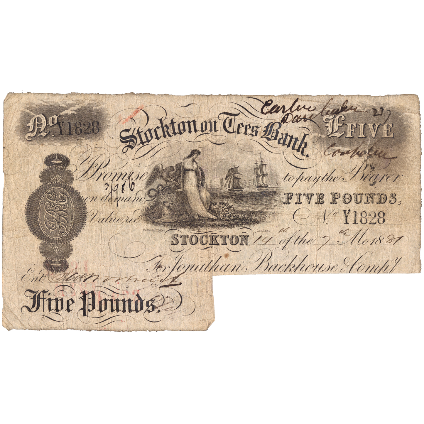 Stockton on Tees Bank 1889 £5 banknote Outing 2050c