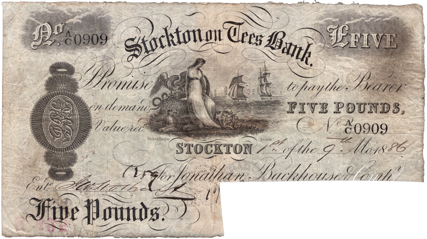 Stockton on Tees Bank 1889 £5 banknote Outing 2050c