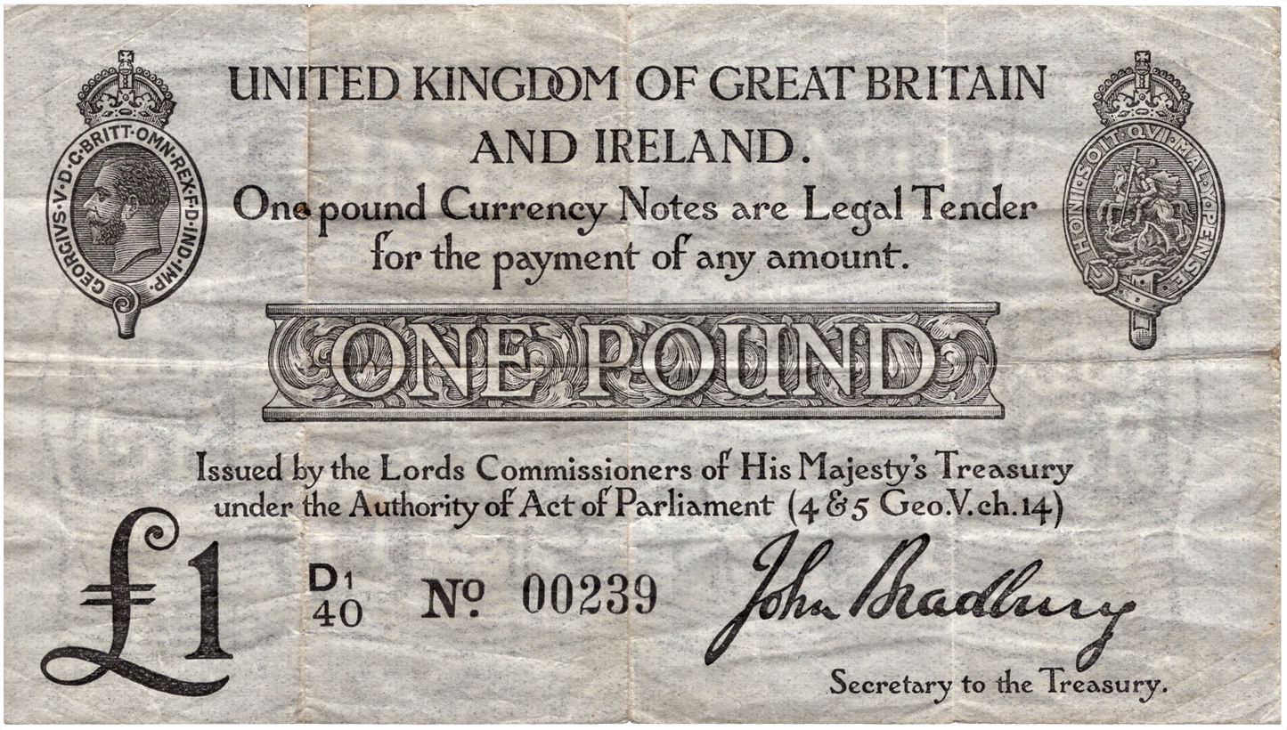 ENGLAND P.349a T11.2 1914 HM Treasury Bradbury £1 GF