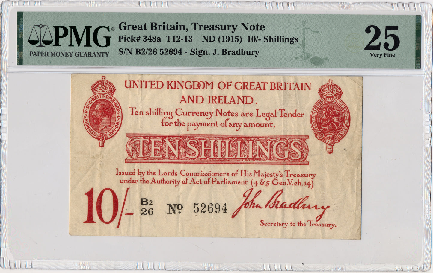 ENGLAND P.348a T12.3 1915 HM Treasury Bradbury 10s B(2)/26 VF25