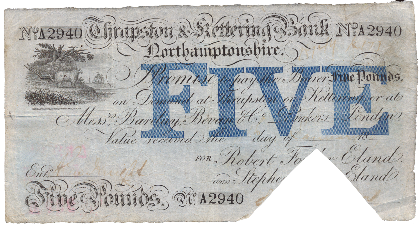 Thrapstone & Kettering Bank 1887 £5 banknote Outing 2174d
