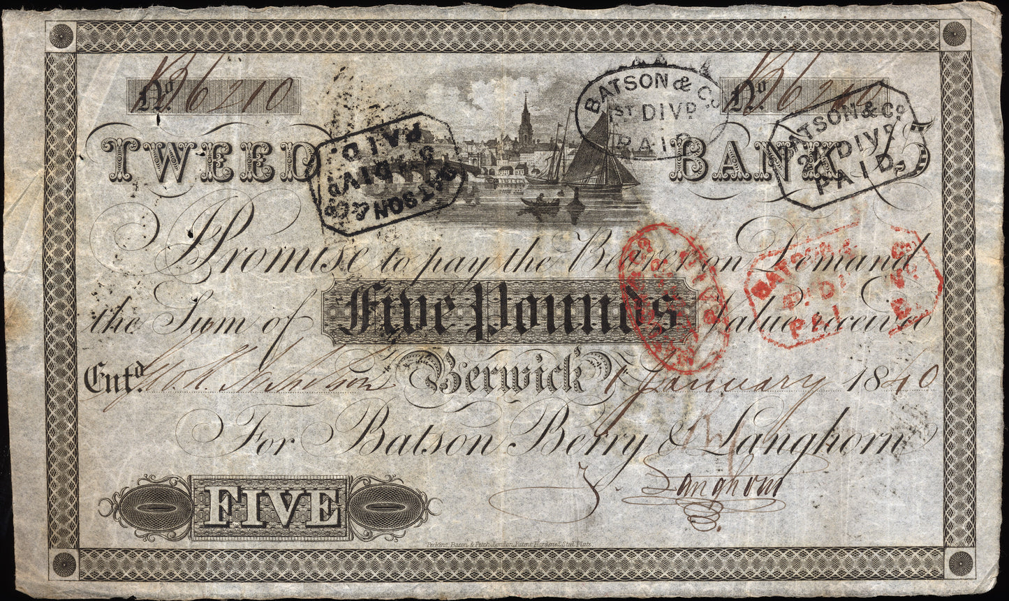 Tweed Bank Berwick on Tweed 1840 £5 banknote Outing 127c