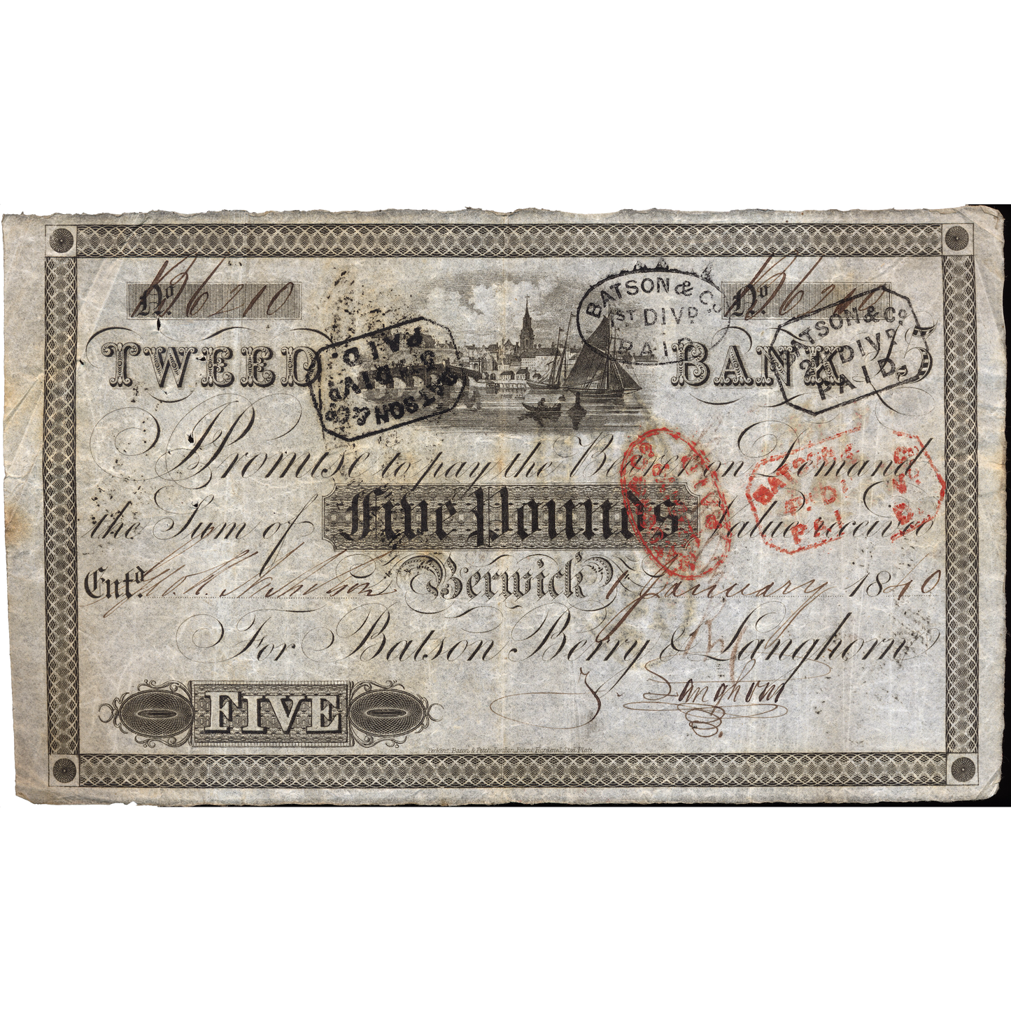 Tweed Bank Berwick on Tweed 1840 £5 banknote Outing 127c