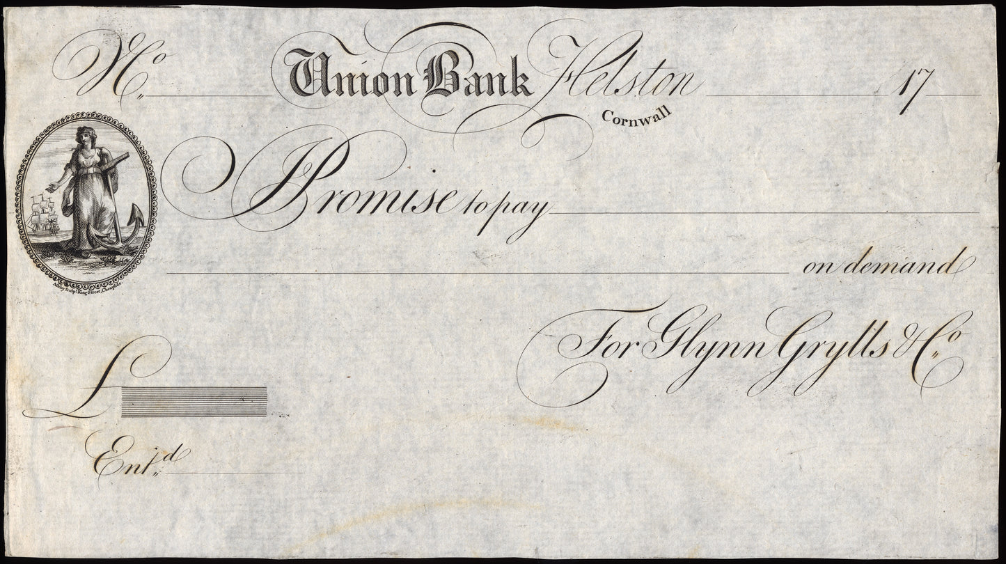 Union Bank Cornwall Helston 17-- proof promissory note Outing 922