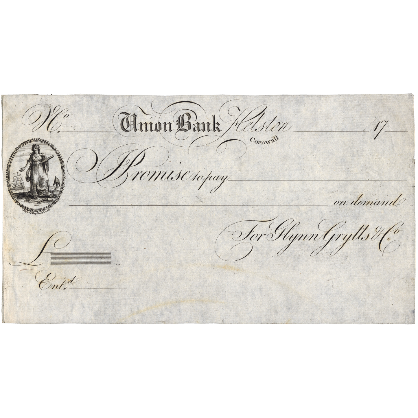 Union Bank Cornwall Helston 17-- proof promissory note Outing 922